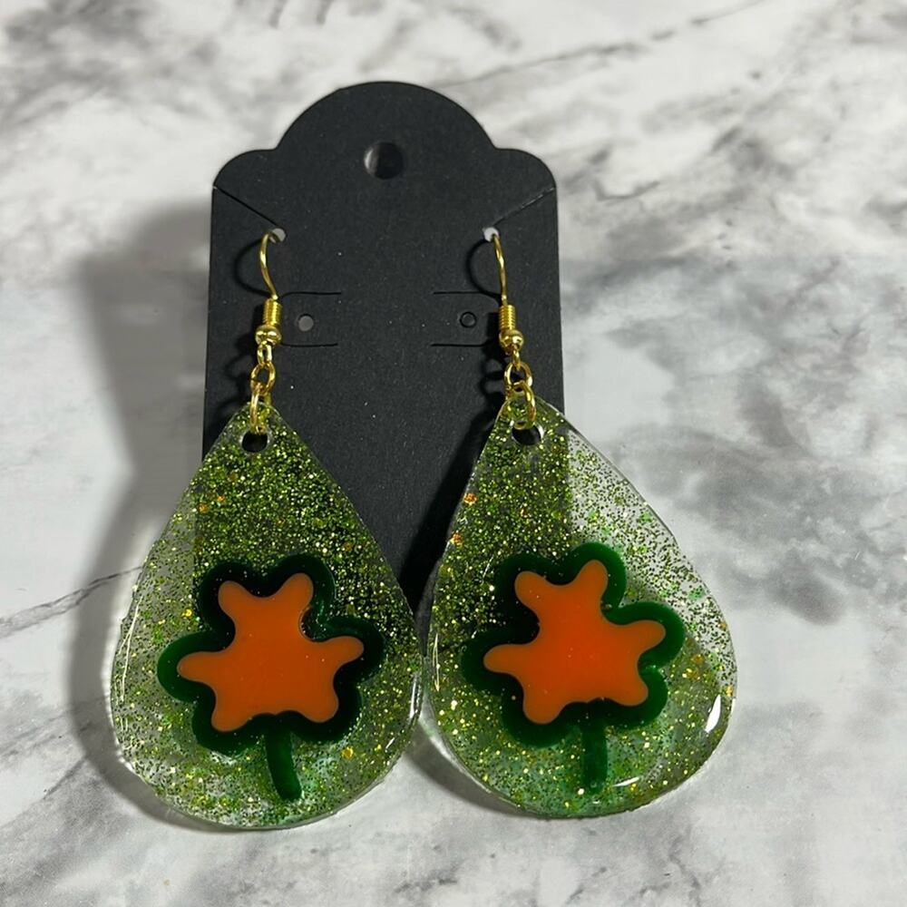 HandmadeResin Shamrock Dangle Earrings w/ Fishhook Style Posts & Rubber Back